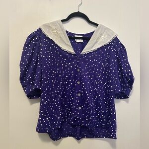 vintage purple polka dot collared blouse